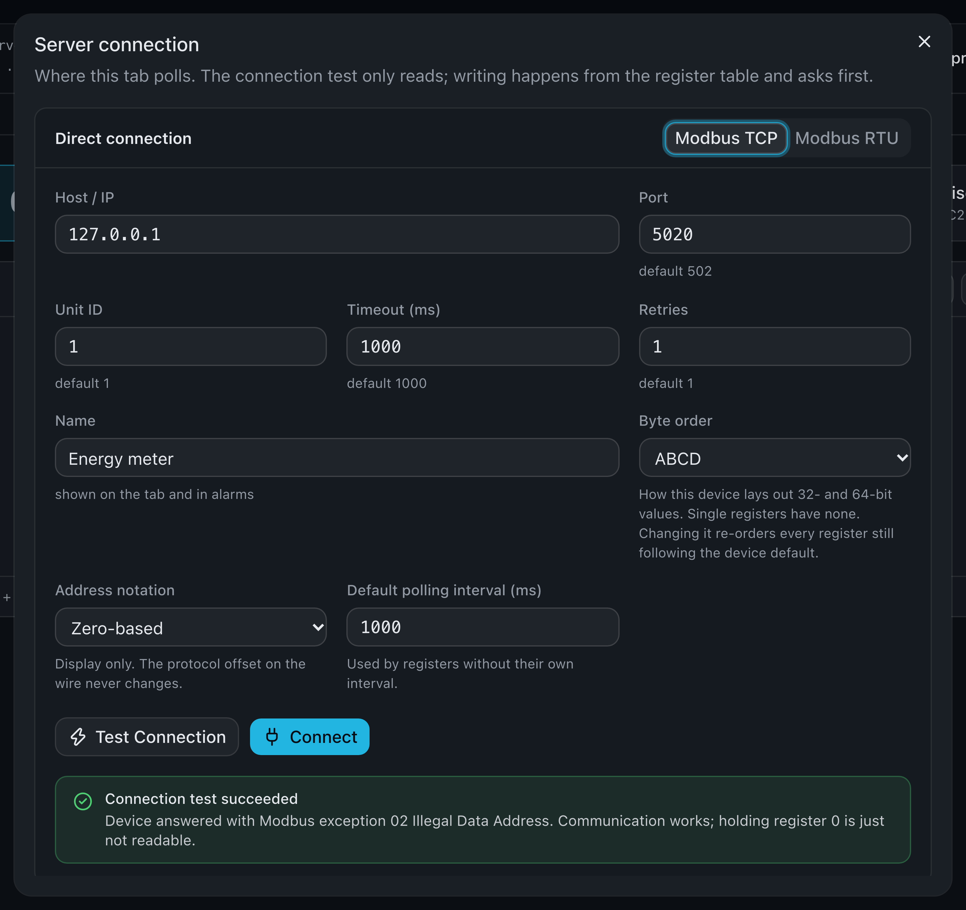 The Server connection dialog of the Modbus Client with host 127.0.0.1, port 5020, unit ID 1, the name Energy meter, byte order ABCD, zero-based addressing and a 1000 ms polling interval; a green panel reports that the connection test succeeded in 4.7 ms.