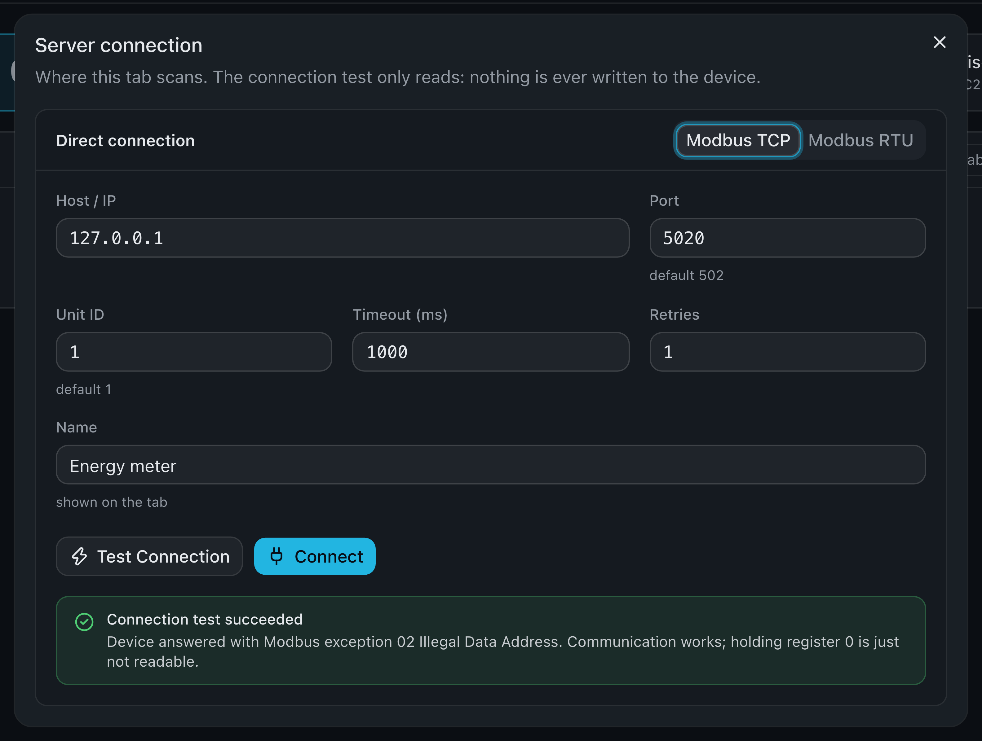 The Server connection dialog with host 127.0.0.1, port 5020, unit ID 1 and the name Energy meter; below the Test Connection button a green panel says the connection test succeeded and that holding register 0 is not readable.