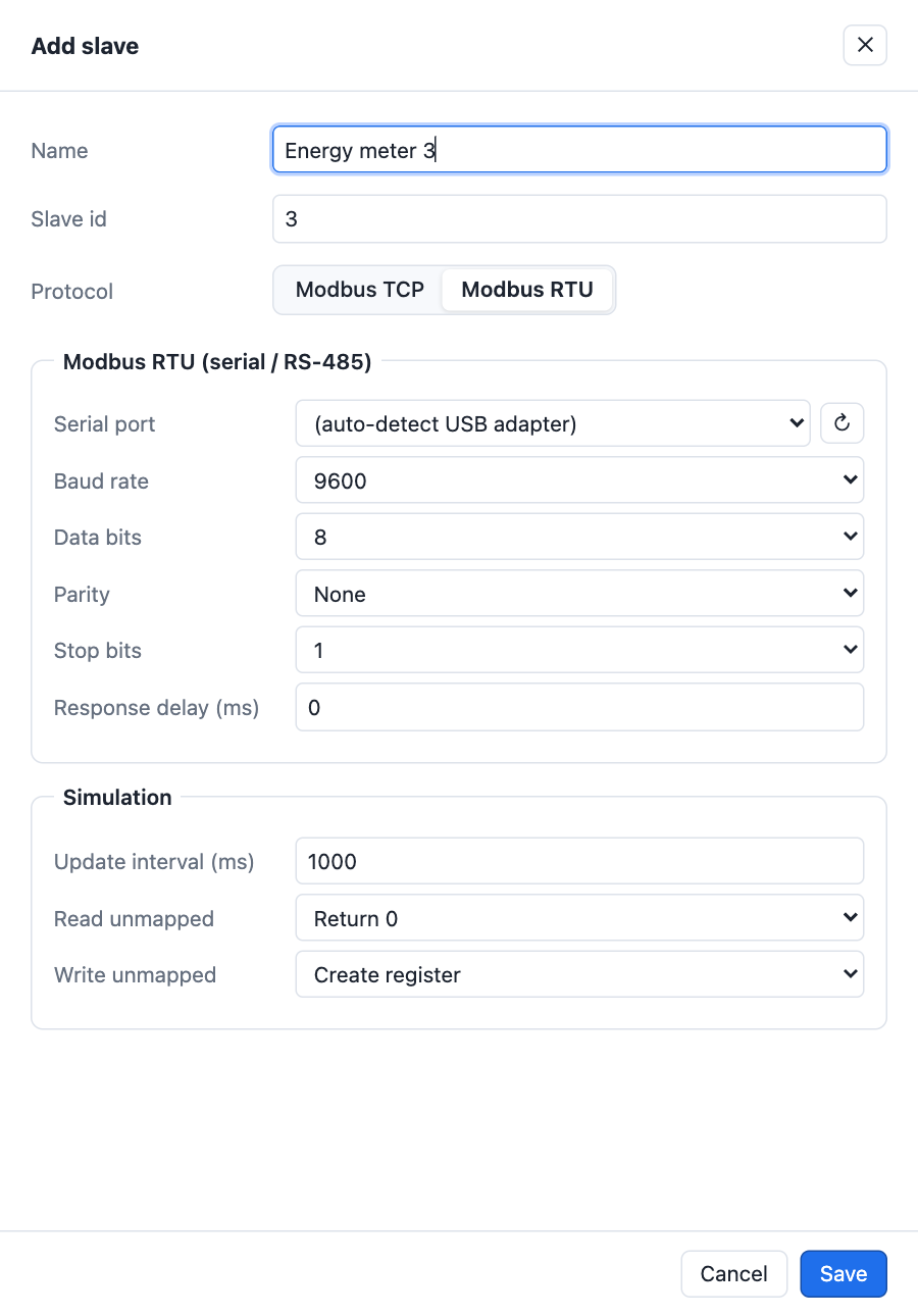 The Add slave panel for a Modbus RTU slave