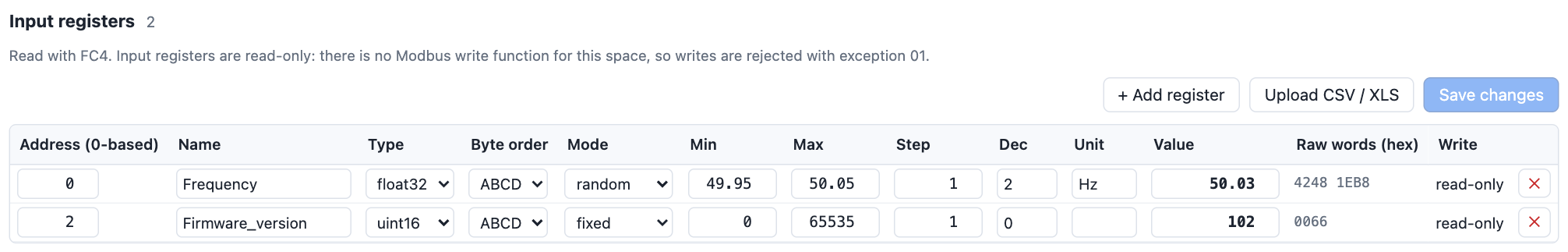 The input register table