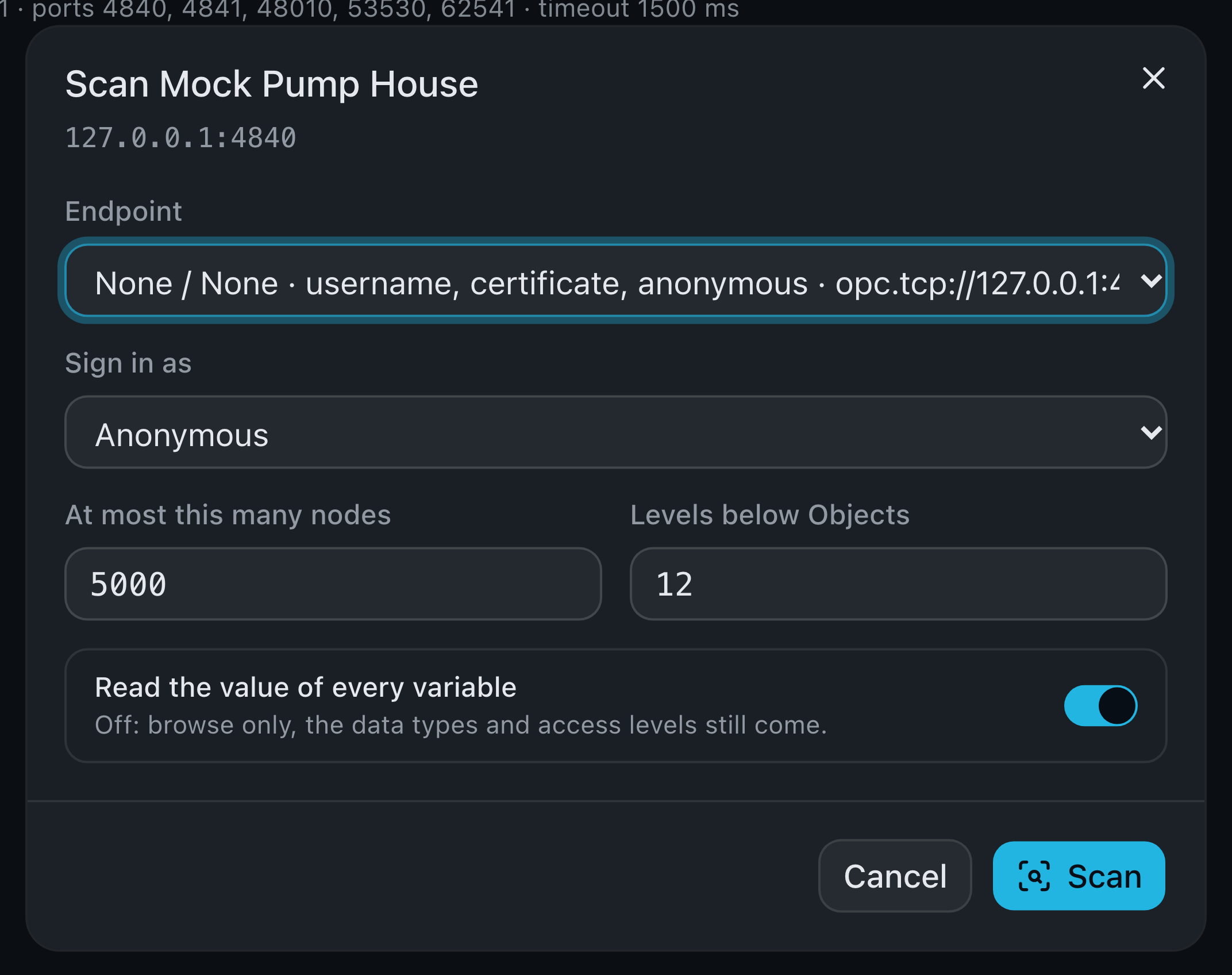 The Scan Mock Pump House dialog: the endpoint None / None with username, certificate and anonymous sign-in, Anonymous selected, at most 5000 nodes, 12 levels below Objects, and the switch to read the value of every variable turned on.