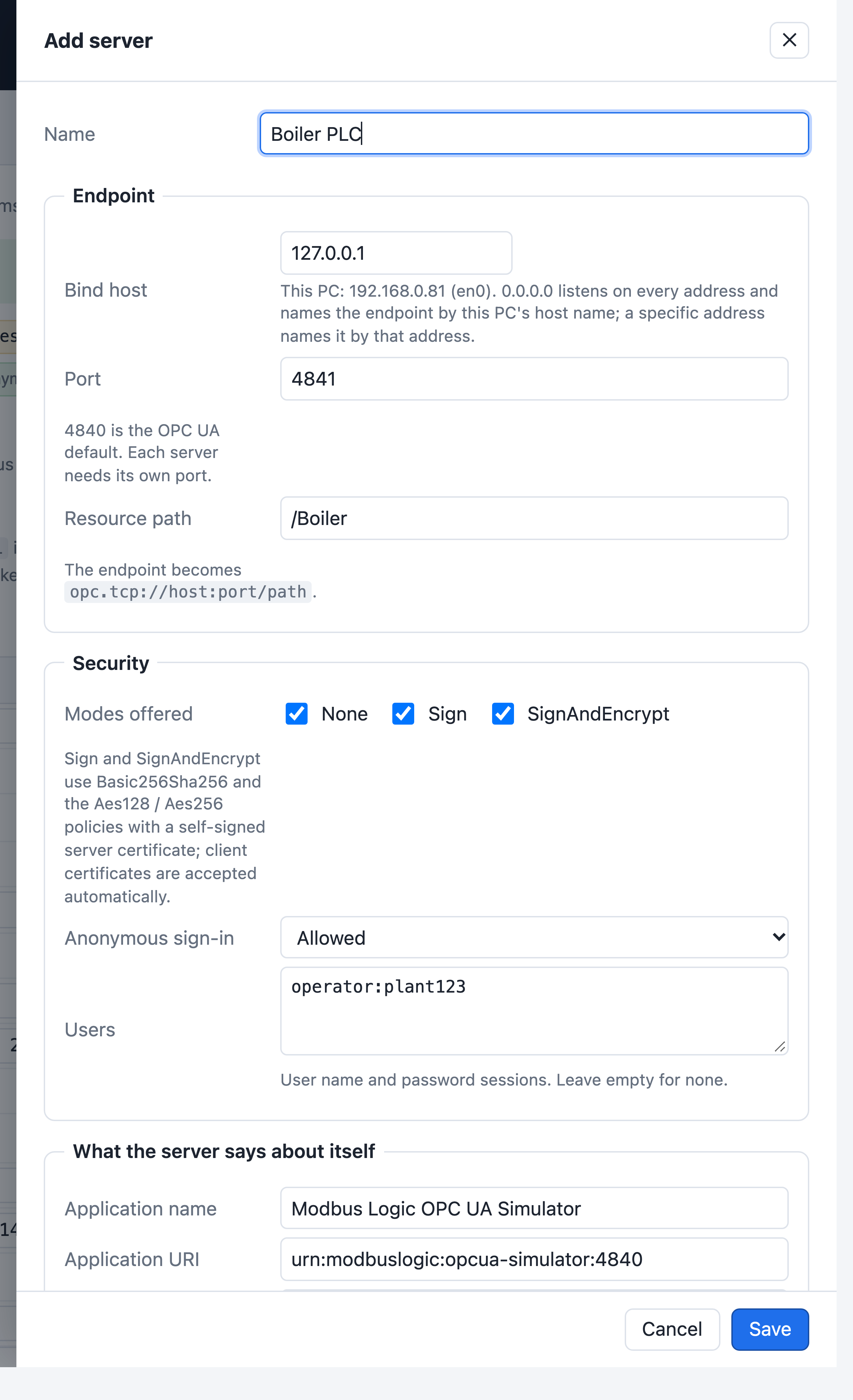 The Add server panel