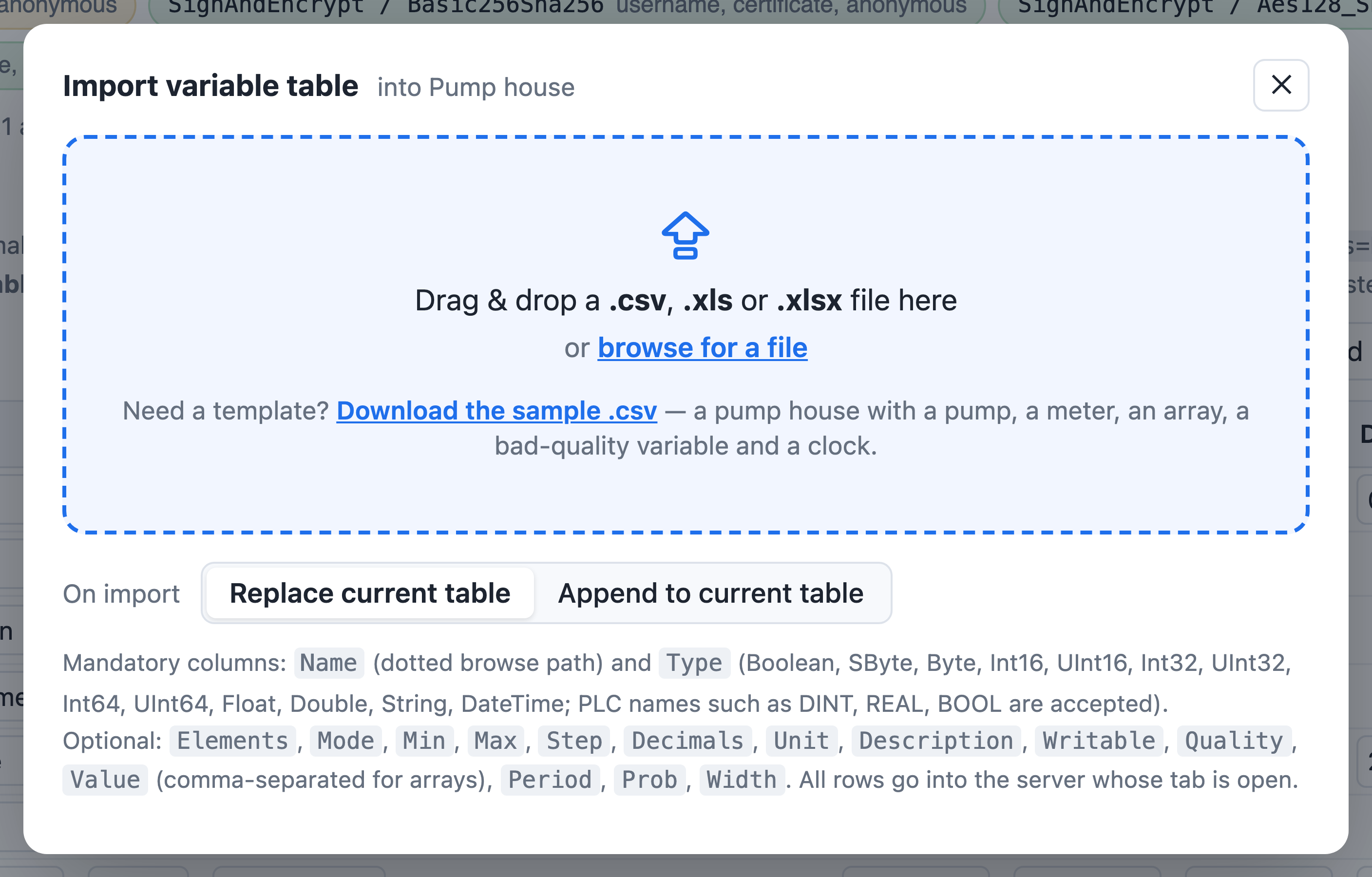 The import dialog