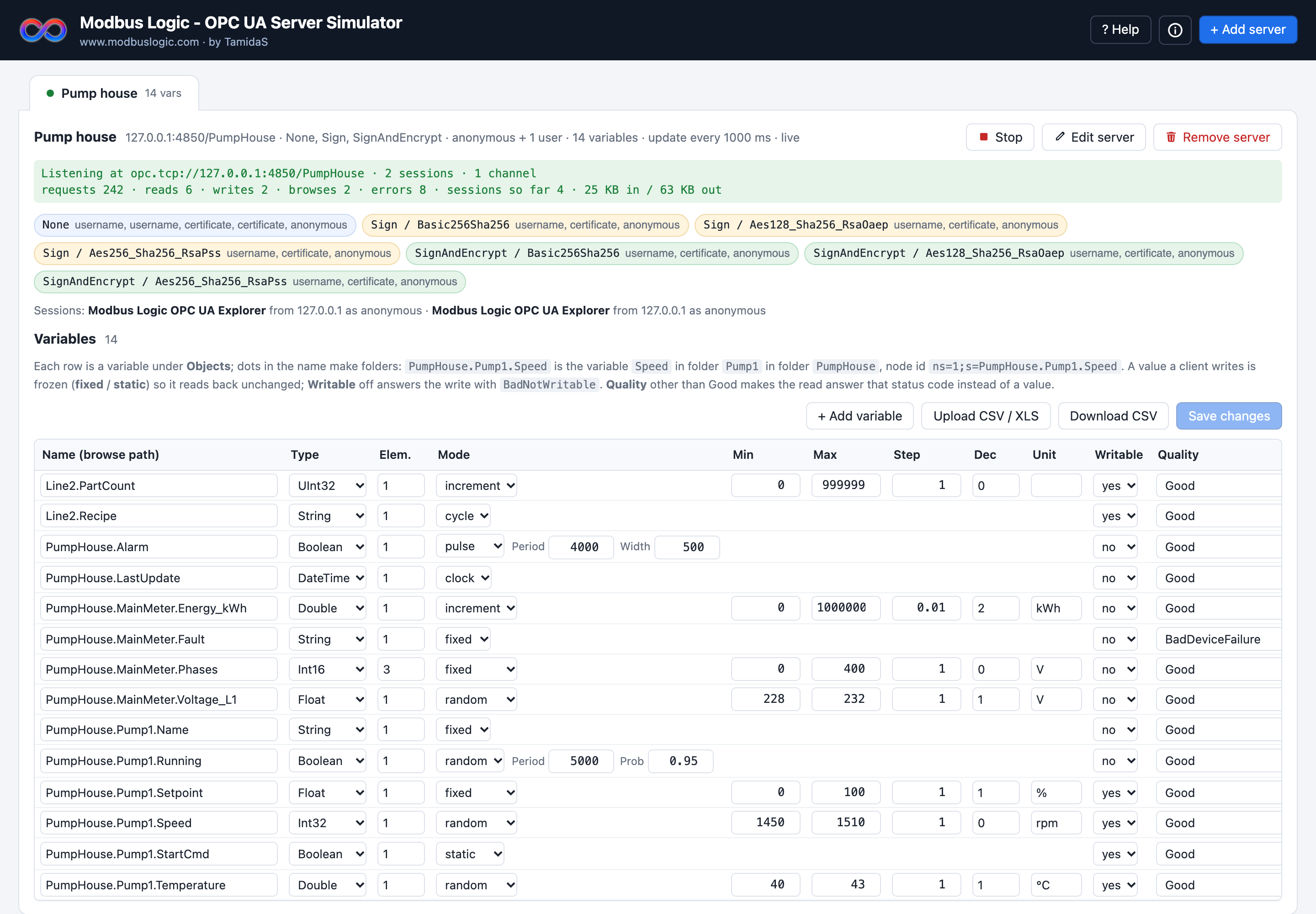 The simulator with one server running: its endpoints, a connected session and the variable table