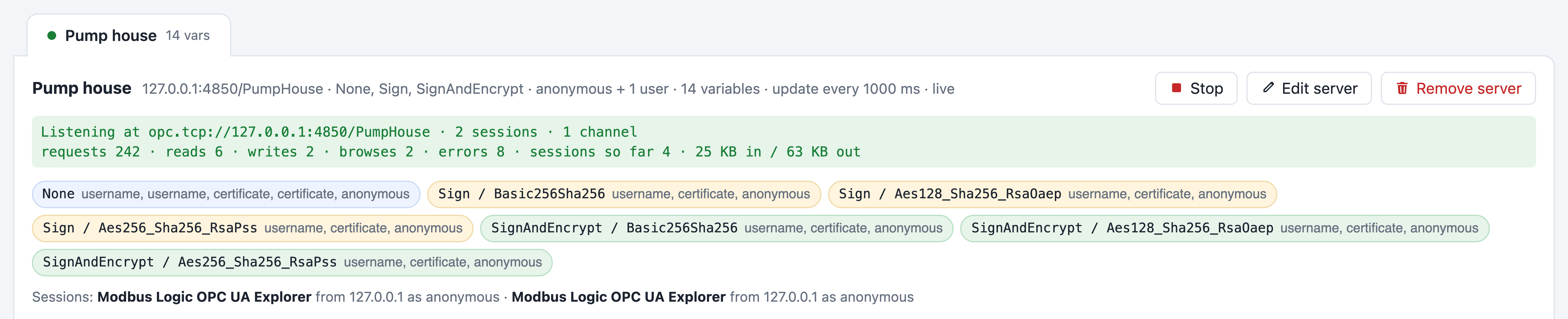 The server tab with its endpoints and an open session